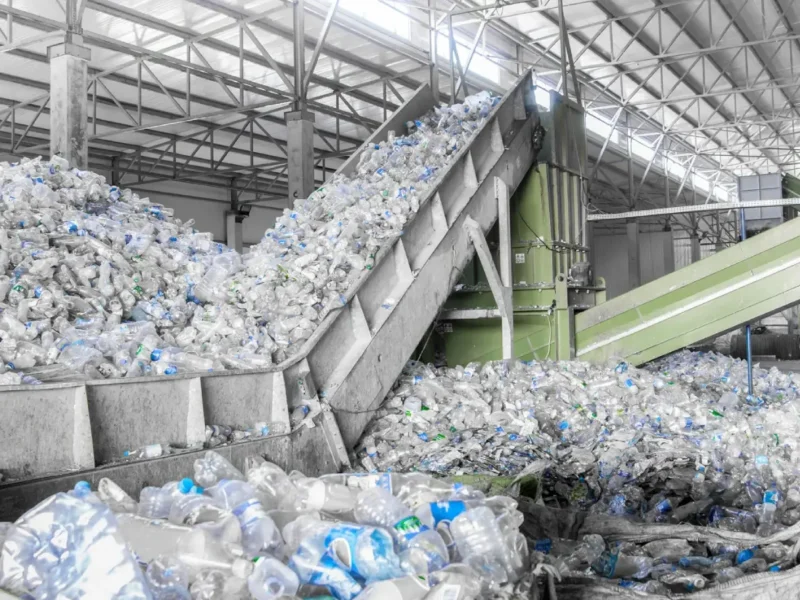 Bundled PET bottles collected for recycling into rPET resin